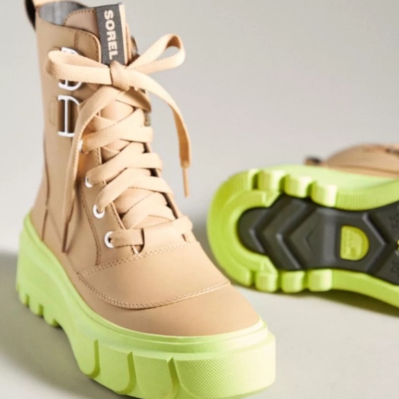 Anthropologie Sorel Caribou Boot Lace Up Beige Tan Leather Lime Rubber - Picture 10 of 11